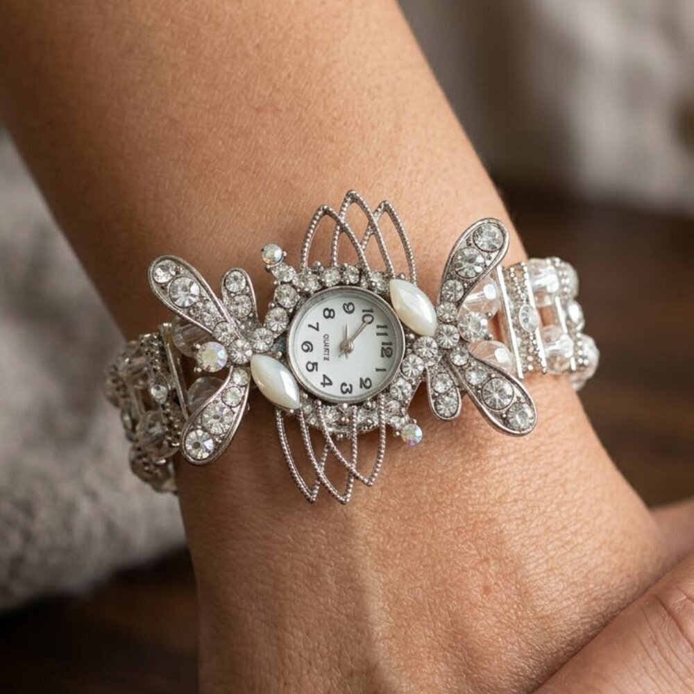 Elegant Silver Dragonfly Crystal Watch